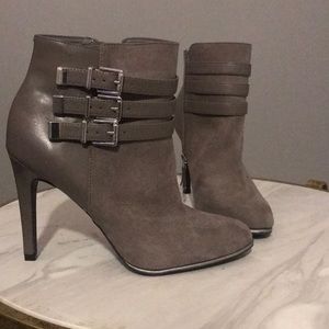 Gray heeled ankle boots